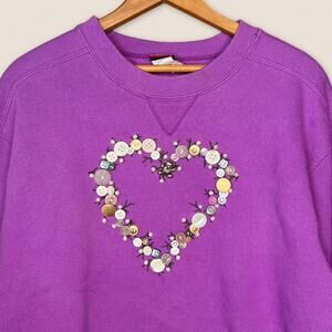 Vintage 90s Grandma Sweatshirt Buttons Heart Purple Crew Neck Size Large